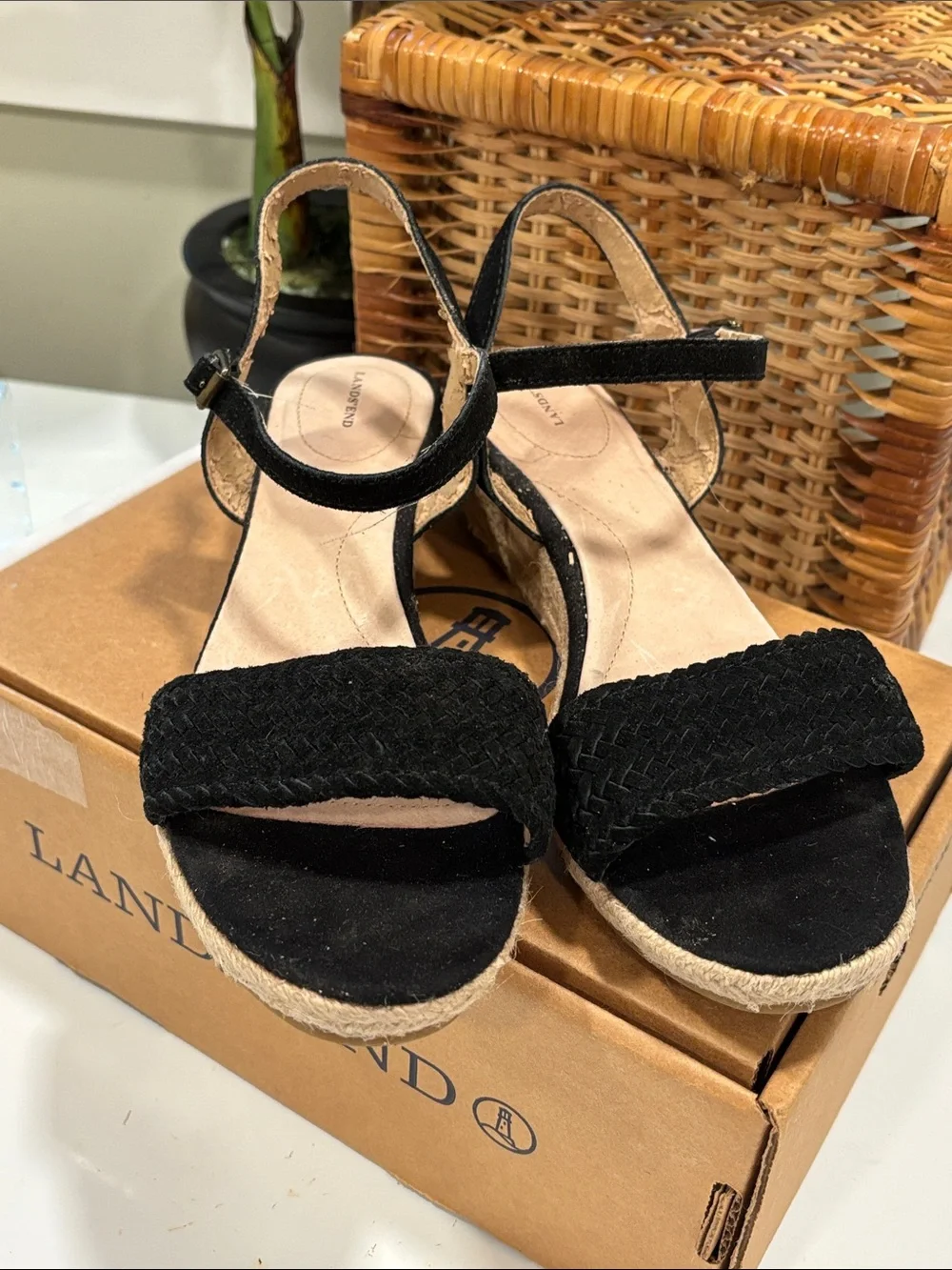 Lands' End Pippa Braided Suede Espadrille Wedge Sandals in Black